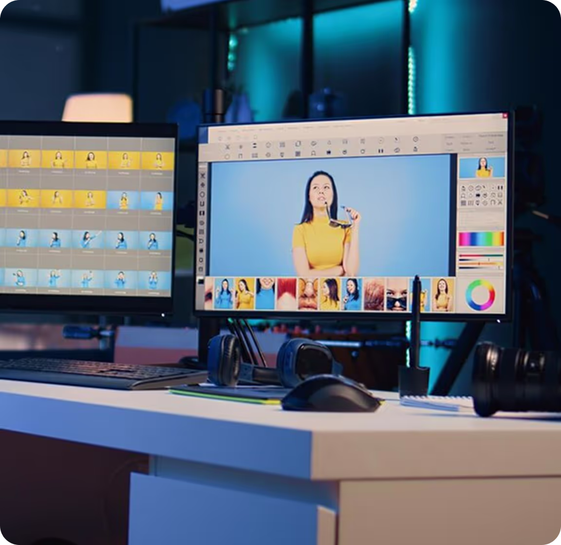two monitors with woman